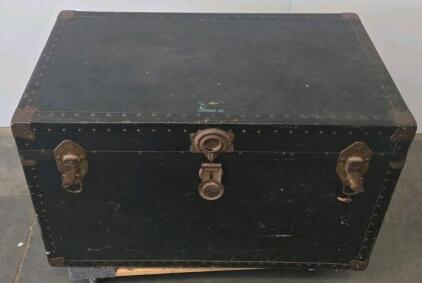 Vintage Black Steamer Trunk with Blue Interior and Removable Tray