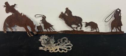 Western Metal Wall Art Set: 3-4 Cowboy Scenes & Cast Iron Rooster Decor