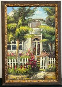 Framed Original Oil Painting on Canvas, Tropical House & Garden, Ornate Wooden Frame, 42&rdquo;x30&rdquo;