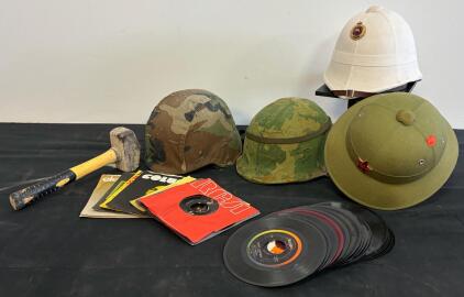 Vietnam War Era M1 Helmets, US/Canadian/Soviet Pith Helmets, 20 Vintage 45 RPM Records, Tool Lot