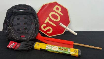 Samsonite Backpack Safety Kit: Stop Paddle, SafeTruck Oversize Banner, Flag, Milwaukee Gloves XL