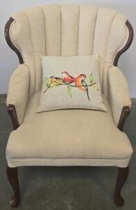 Queen Anne Wingback Chair, Cream Upholstery, Dark Wood, Bird Accent Pillow, 42"x30"x28"