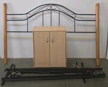 Queen Metal & Wood Headboard Frame with Mobility Base, 2-Door Storage Cabinet, Scroll Design