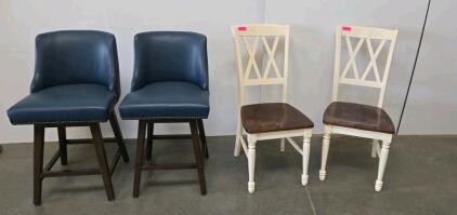 Farmhouse Cross-Back Wooden Dining Chairs, Set of 2, White Frame with Dark Stained Seat Pair of Navy Blue Faux Leather Counter Stools with Nailhead Trim and Wooden Legs