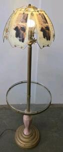 Vintage Floor Lamp with Glass Tray Table and Bear-Themed Acrylic Shade