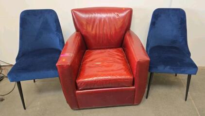 Burgundy Leather Club Chair with Skirted Base and Padded Backrest Pair of Modern Navy Velvet Upholstered Dining Chairs, Black Metal Legs, 36"x20"x22"