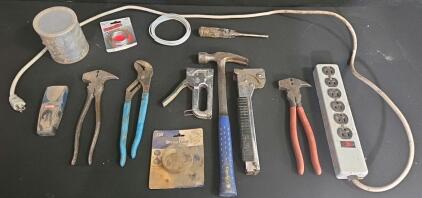 Mixed Hand Tool Lot: Estwing Hammer, Ryobi Tester, Pliers, Staple Gun, Power Strip, Hardware