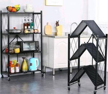 Brightshow Foldable Metal Storage Shelf, 4-Tier, 28"x13"x48", Black, Steel, Wheels