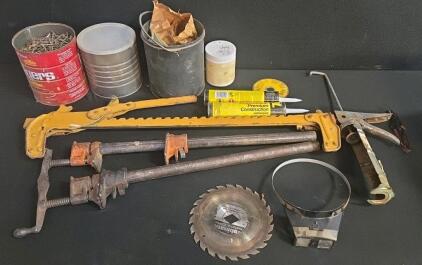 Disston 8" Saw Blade, Bar & Board Clamps, Caulk Gun, Bulk Nails, Hardware Lot