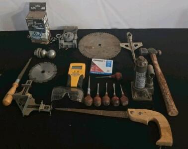 Vintage Mixed Hand Tool Lot&mdash;Zircon Stud Finder, General Doweling Jig, Hydraulic Jack, Saw Blades