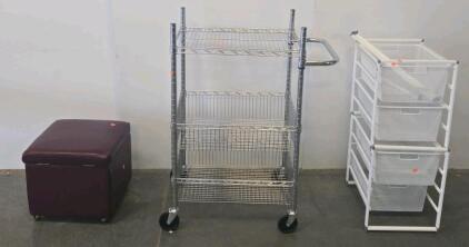 Storage Ottoman, Chrome Wire Rolling Cart, and Mesh 3-Drawer Organizers &ndash; Lot of 3