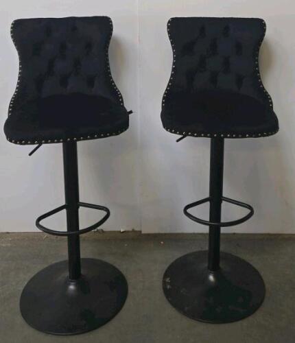 Pair of Black Velvet Tufted Adjustable Swivel Bar Stools with Nailhead Trim and Metal Base