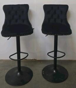 Pair of Black Velvet Tufted Adjustable Swivel Bar Stools with Nailhead Trim and Metal Base