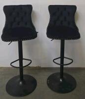 Pair of Black Velvet Tufted Adjustable Swivel Bar Stools with Nailhead Trim and Metal Base