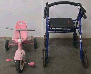 Radio Flyer Big Flyer Pink Tricycle & Lumex Walkabout Lite Rollator Walker w/ Seat, Brakes