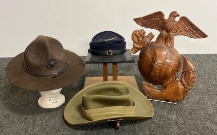 USMC Campaign Hat, Australian Rising Sun Slouch Hat (Sz 58), US Civil War Kepi, Wooden EGA Plaque