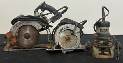 Vintage Skilsaw Circular Saws (2) & Rockwell 315 Router Set, 7-1/4 in Blades, Corded Electric Tools