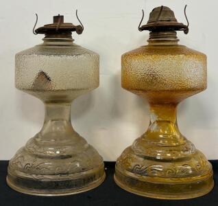 Eagle No. 2 Tabletop Pressed Glass Oil Lamps, Clear and Amber, US-Made, Early 20th Century Pair