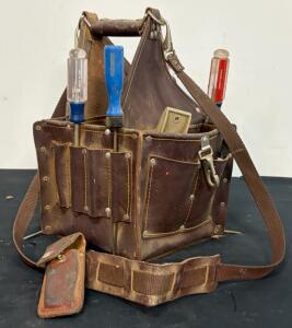 Vintage Leather Tool Bag with Assorted Hand Tools, Dark Brown, Multiple Pockets