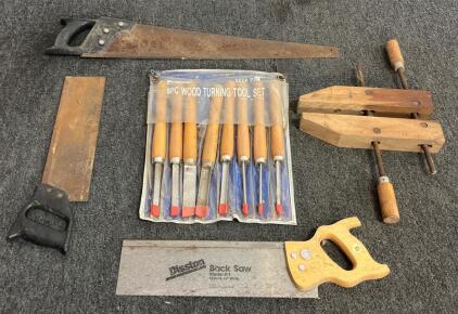 Assorted Woodworking Hand Tools: Dissha KC-1 Back Saw, Skil 8PC Chisel Set, 13 Pieces