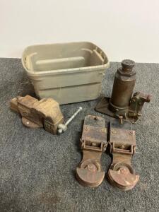 Vintage Baby 135 Bench Vise Japan, Wilcox 3.5" Casters, 2 Ton Bottle Jack, Utility Bin Lot