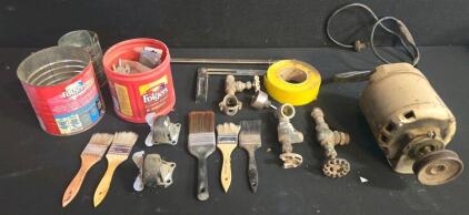 Workshop & Plumbing Tool Lot w/Vintage Electric Motor, Bar Clamp, Brushes, Valves, Casters