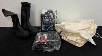 Mixed Lot: Size 14 Rubber Boots, Zelus Weighted Vest, PEAK Coolant, Quilt Insulating Curtains