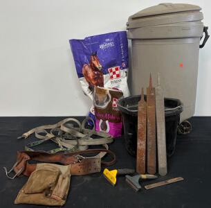 Mixed Horse Care Lot: Purina Feed, Farrier Tools, Rubbermaid Can, Tack, Grooming & Buckets