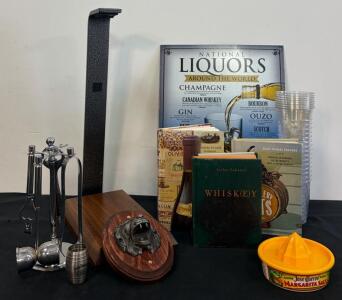 Barware & Liquor Decor Lot: Bar Tool Set, Jack Daniel&rsquo;s Shot Glass, Metal Sign, Lion Bottle Opener