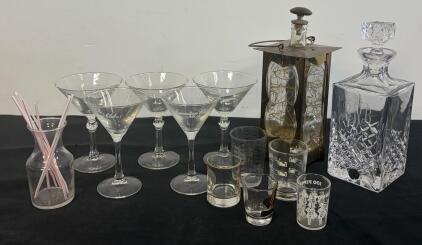 Vintage Bar Glassware Set: Canadian Club, 100 Pipers, Crystal Decanter, Metal/Glass Bottle, 14pcs