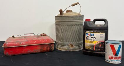 Lot of 4 Vintage & Modern Oil, Gas, and Coolant Cans&mdash;Valvoline Quart, Mobil Delvac Gallon, Metal Cans