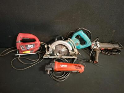 Makita 5077B 7-1/4" Hypoid Circular Saw, 13A, 4,300 RPM, Made in Japan, UL Listed, Serial 624352E, jig saw , angle grinders, All powered on.
