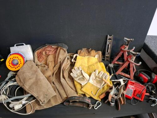 Manual Lever Grease Gun with Flexible Hose, Standard 14 oz Cartridge Capacity, Metal Body , welding leathers, heavy duty jacks, ear protection, battery charger, unable to test, and more.