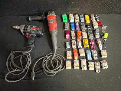 Bauer 8A Angle Grinder 4.5" 11,000 RPM and Craftsman 3/8" Drill, Vintage, Corded, With Serial Numbers, both powered on. Cars collection.