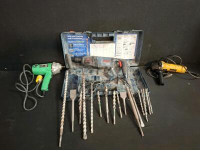 Bosch 11255VSR Bulldog Xtreme Rotary Hammer Drill Kit, SDS-Plus, 13 Bits/Chisels, Case, 7.5A (all powered on), Dewalt angle grinder, Hitachi sander polisher.