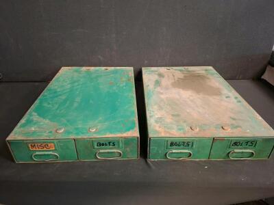 Vintage Metal Drawer Organizers with Assorted Hardware, Bolts, Screws, Casters, 4 Drawers