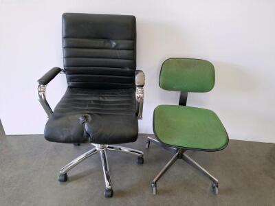 Two Rolling Office Chairs &ndash; Black Faux Leather with Arms, Green Fabric Task Chair, Adjustable Height