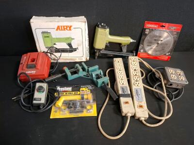 AIRY ATM-0355 Pneumatic Stapler, Admiral 7-1/4" 140T Saw Blade, Power Strips, Clamps, Hilti Charger( power strips and battery charger powered on. Unable to test stapler.