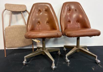 Vintage Metal Frame Side Chair & (2) Mid-Century Modern Swivel Office Chairs, Brown Upholstery