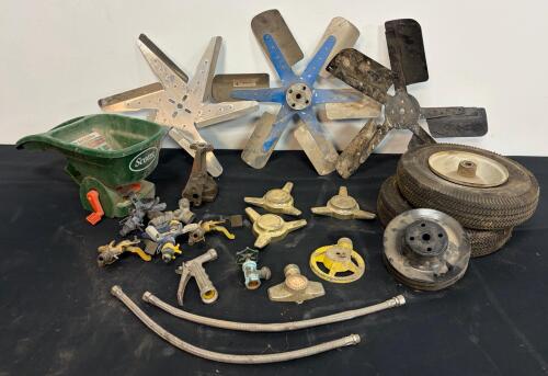 Assorted Tractor Engine Fans, Scotts Spreader, 10" Wheels, Brass Knock-Offs, Irrigation Lot
