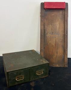 Vintage Ken-Tool C-25 Wooden Mechanic's Creeper & 2-Drawer Industrial Metal Parts Cabinet