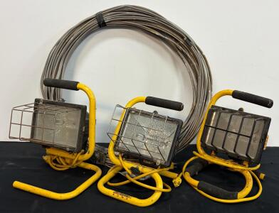 Designer&rsquo;s Edge 500W Portable Halogen Work Lights (x3) with 75ft Extension Cable, Floor Stand