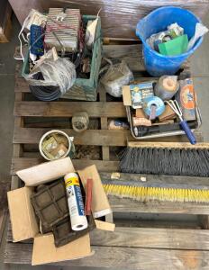 Pallet Of Parts Including Electrical Cables, Shop Tools, Brooms, Maglite Flashlight, 3M Masking Film