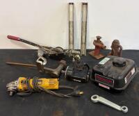 Large Lot DeWalt Angle Grinder, Predator Engine Tank, Jacks, Cable Puller, Wiring, More