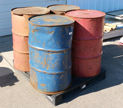 Pallet with (4) 50 Gallon Steel Drums