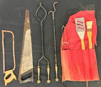 Mixed Vintage Fireplace Tools, Two Saws, and 3-Piece Grill Set with Pouch &ndash; Brass & Wood Handles