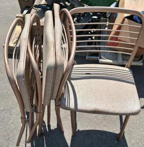 Set of 4 Stackable Metal Frame Chairs, Padded Seats, Taupe Fabric, Slat Back, Brown Finish