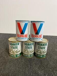 Vintage Quaker State DeLuxe & Valvoline Motor Oil Metal Quart Cans - Lot of 5, 1960s&ndash;70s USA