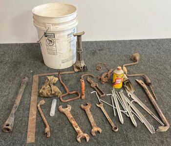 Vintage Mixed Hand Tools Lot: Prestone Brake Fluid Can, Hand Drill, Animal Trap, Open-End Wrenches