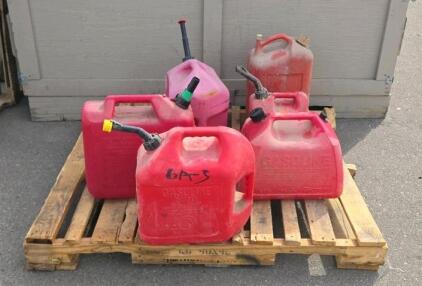 Lot of 6 Portable 5-Gallon Gasoline Cans, Plastic and Metal, Blitz/Gott, Assorted Spouts
